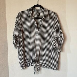 Bobeau Gingham Tie Waist Blouse L Black White